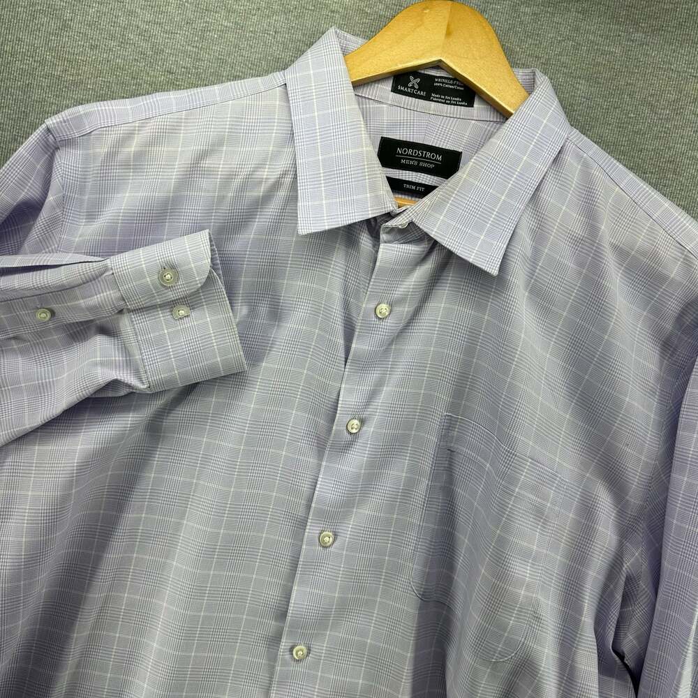 Nordstrom Smartcare Trim Fit Light Purple Graph Check Dress Shirt Mens 17.5 34/3